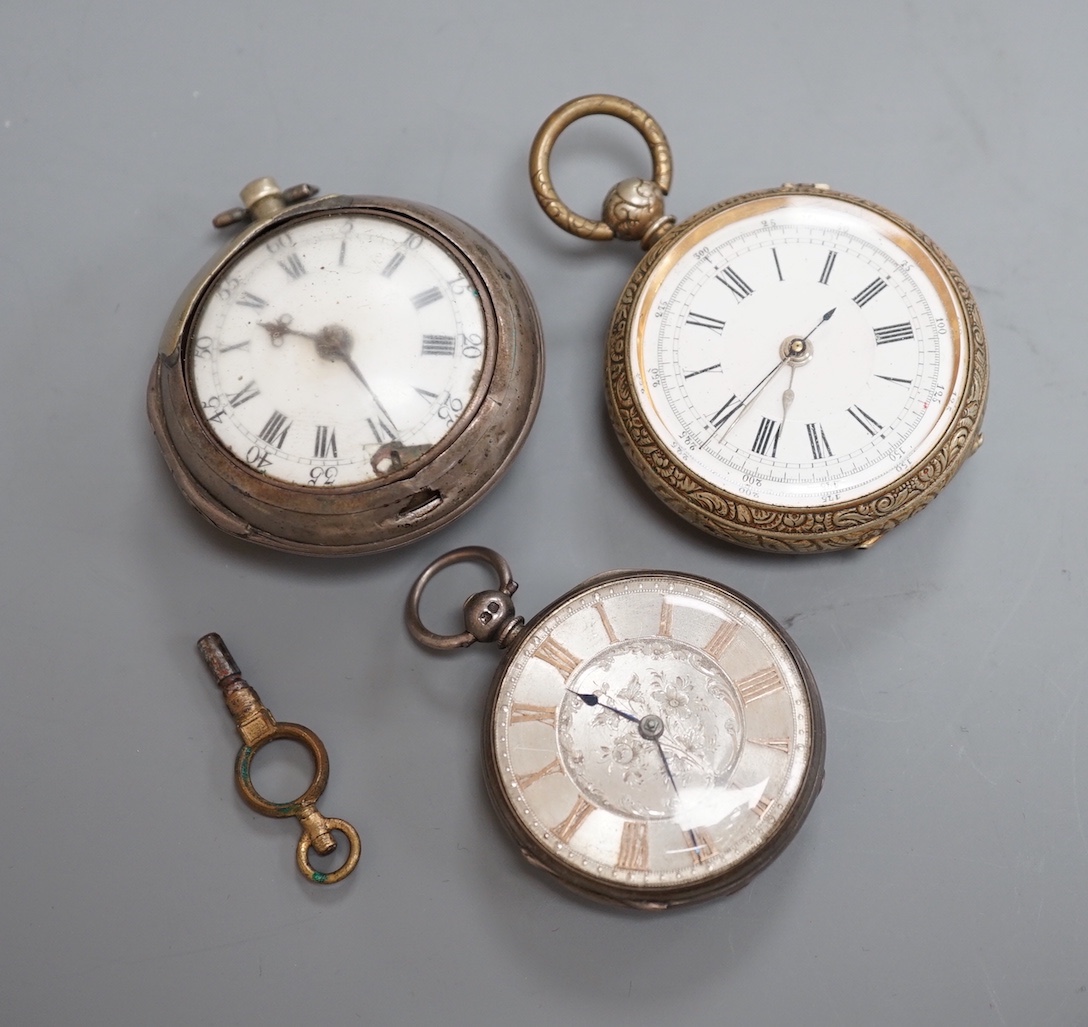 An 18th century silver pair cased keywind verge pocket watch, by T. Moore, London (repair) and two other pocket including silver.